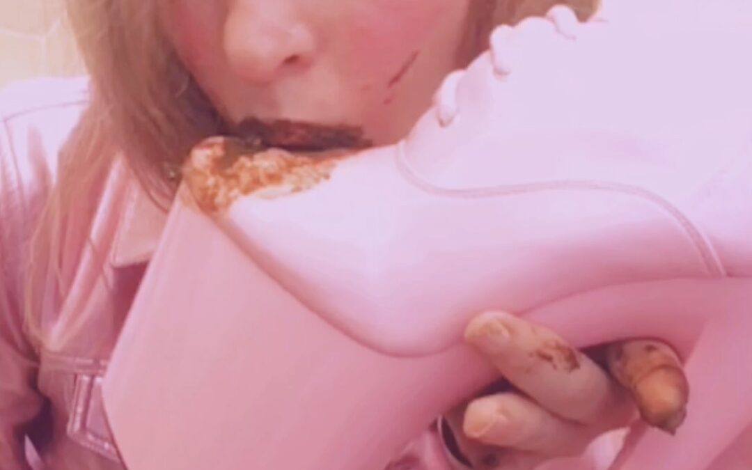 Licking poop on my pink boots