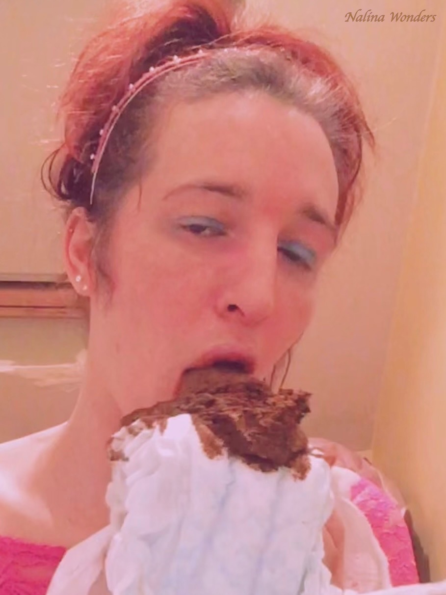 Nalina Wonders, eyes closed in ecstasy, savoring a mouthful of fresh poop. The image captures the raw and dirty essence of the act, focusing on her filthy pleasure as she prepares to swallow.